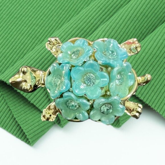 Vintage Blue Flower Gold Tone Turtle Brooch 1960s Cute Figural Pin - Picture 7 of 15